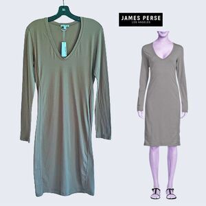 JAMES PERSE NEW Minimalist FAWN TAUPE Scoop Neck Long Sleeve T-Shirt Dress L